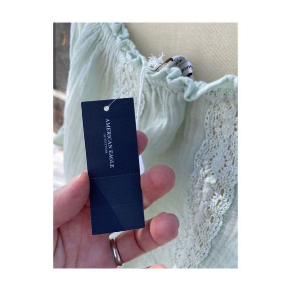 American Eagle Outfitters Mint Green Knit Crop Top Off Shoulder Balloon Sleeve S - Picture 8 of 12